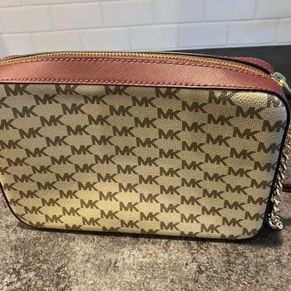Michael Kors Beige Monogram Crossbody Bag with Brown Trim - Picture 2 of 4